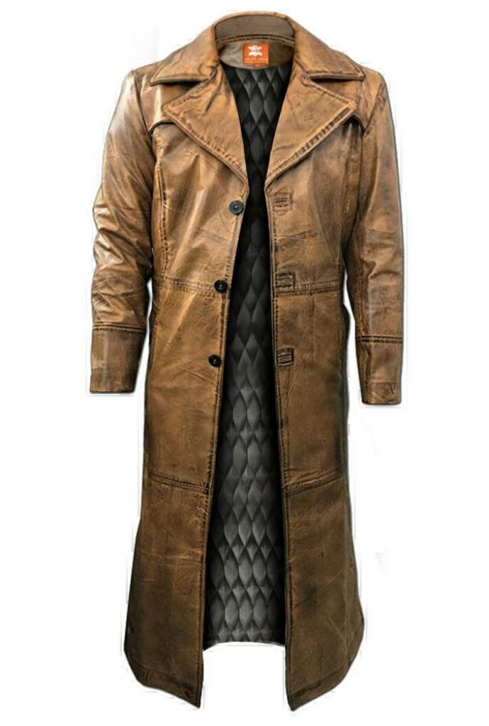 brown distress leather overcoat