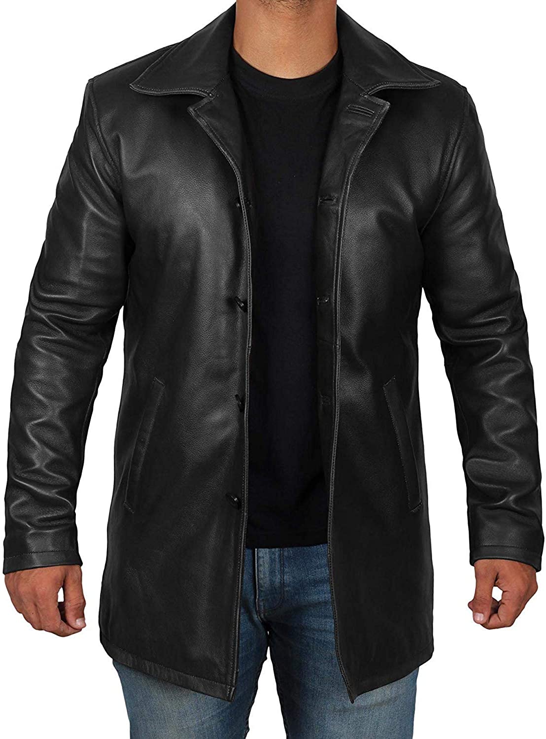 men in black leather trench real cowhide