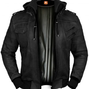 leather-jacket-fleece / Black Bomber Hooded jacket