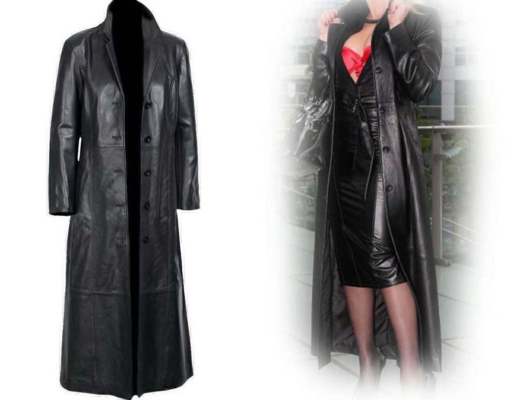 women long coat black real leather